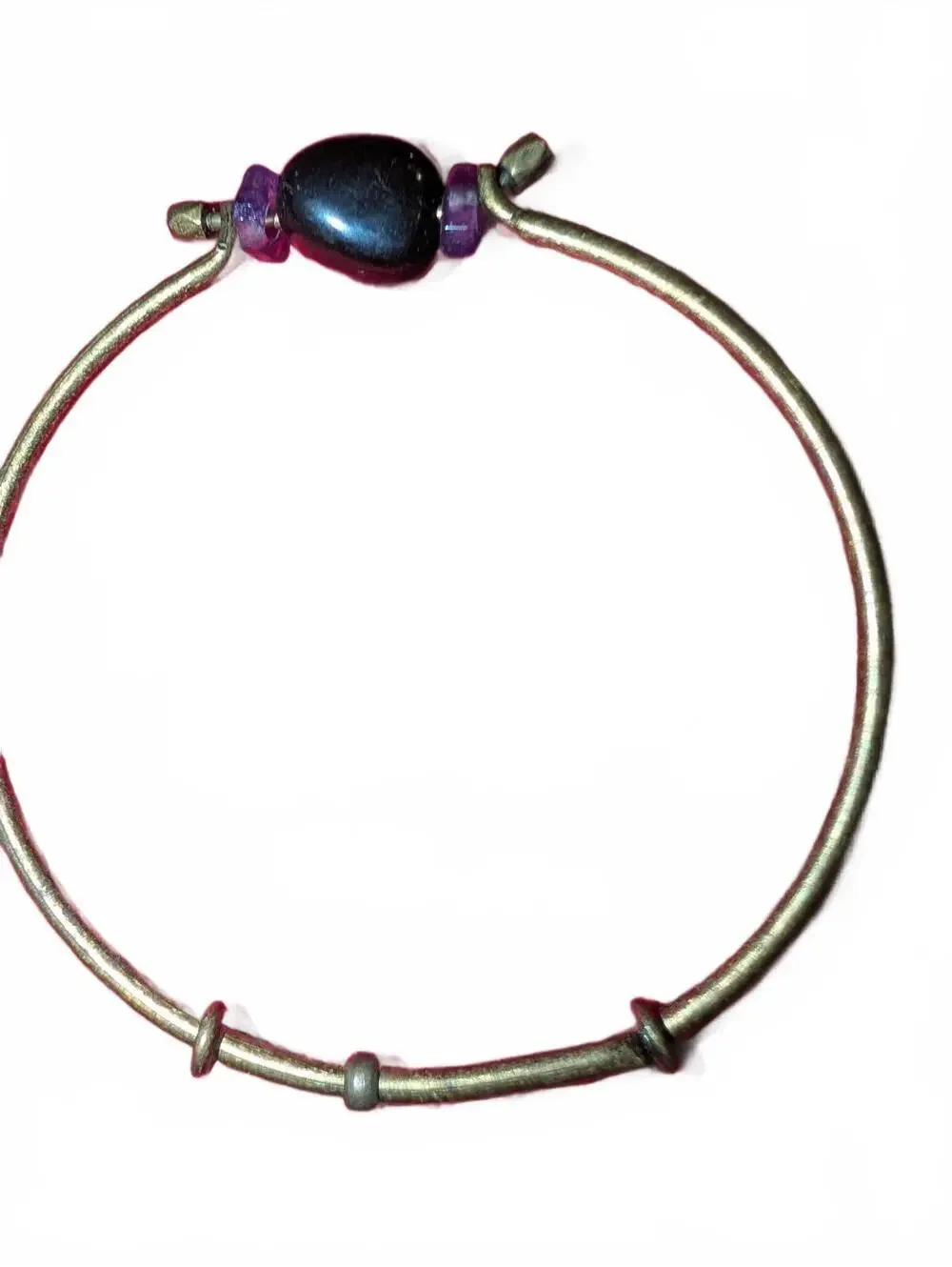Vintage Brass Adjustable Bangle Bracelet with Purple and Black Stone Beads